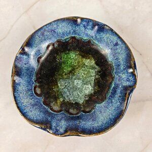 Vintage Small Studio Art Pottery Trinket Dish/Ashtray Blue Glaze Fused Glass